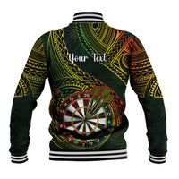 Unisex baseball jacket back with green tribal dart graphic and "Your Text" print