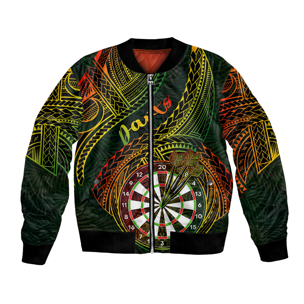 Green bomber jacket with tribal leaf pattern, dartboard graphic on front, ribbed cuffs
