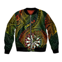 Green bomber jacket with tribal leaf pattern, dartboard graphic on front, ribbed cuffs