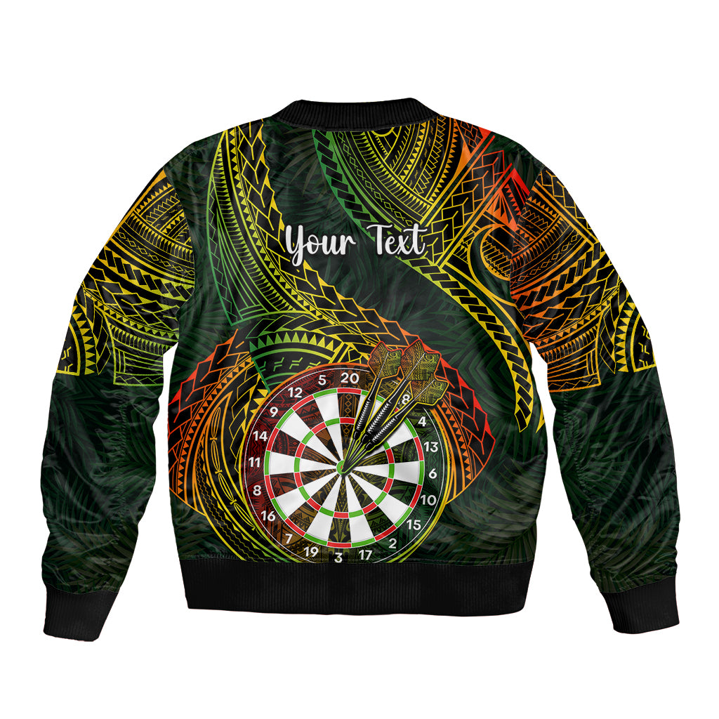 Green bomber jacket with tribal leaf pattern and dartboard, says “Your Text” on chest