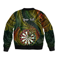 Green bomber jacket with tribal leaf pattern and dartboard, says “Your Text” on chest