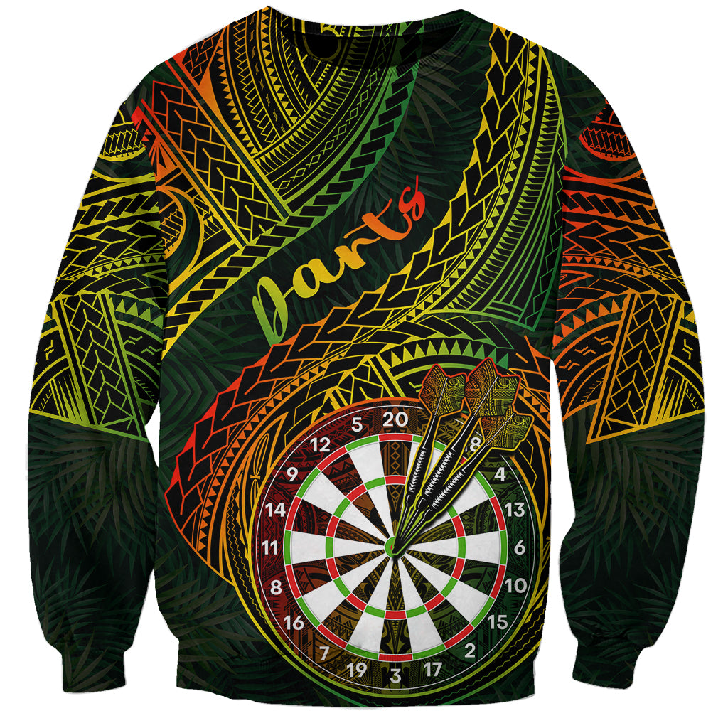 Unisex crewneck sweatshirt with green tribal pattern, dartboard and leaf motifs
