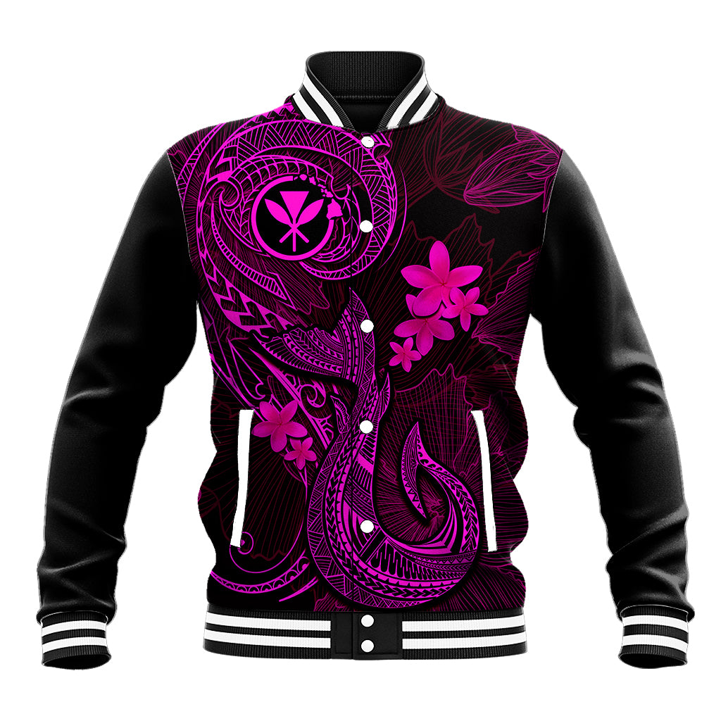 Pink graphic varsity baseball jacket with black sleeves, striped rib trim, snap buttons
