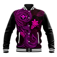 Pink graphic varsity baseball jacket with black sleeves, striped rib trim, snap buttons