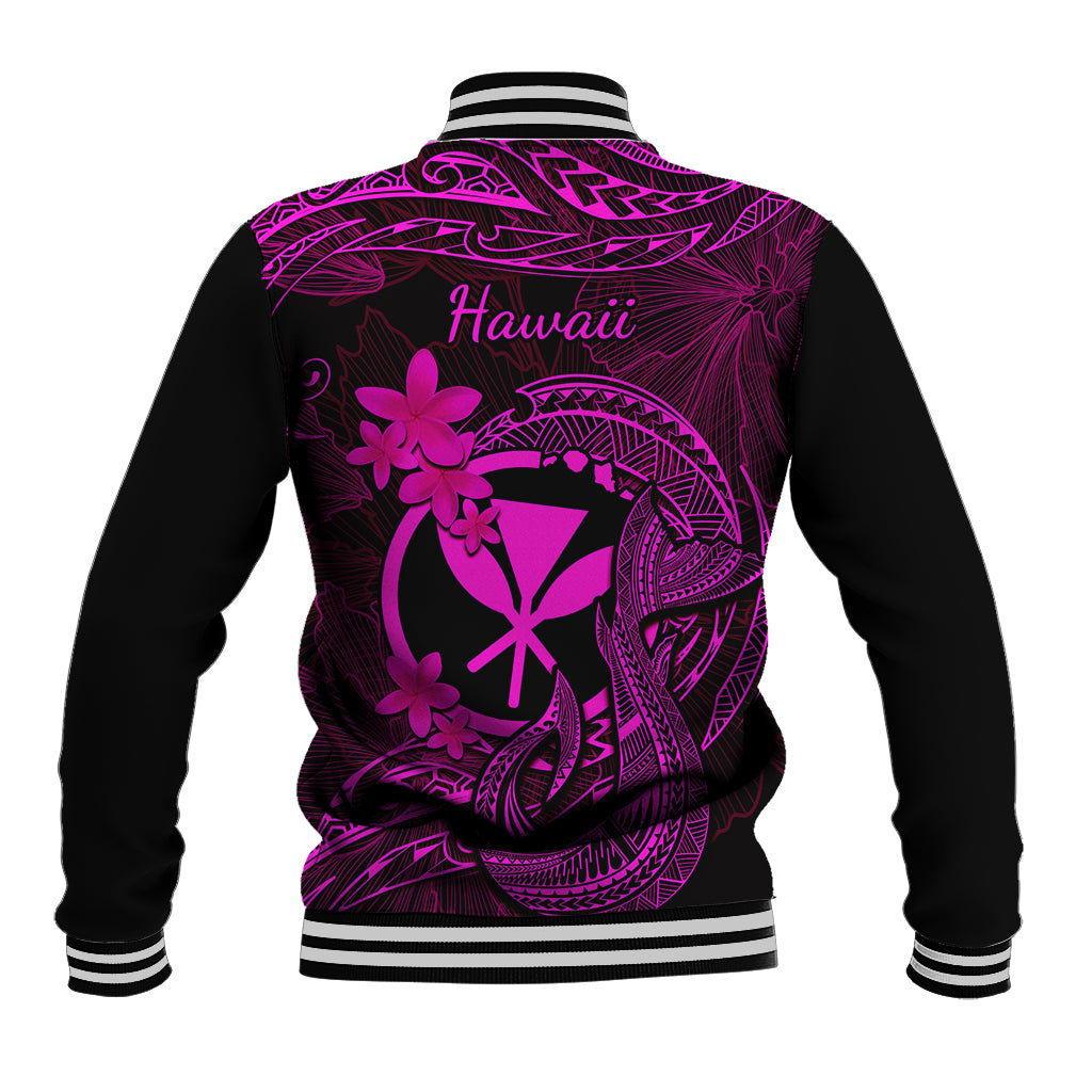 Back view pink graphic varsity jacket in black with striped rib trim and ribbed hem