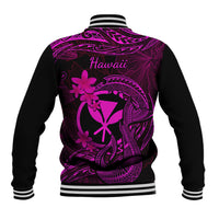 Back view pink graphic varsity jacket in black with striped rib trim and ribbed hem