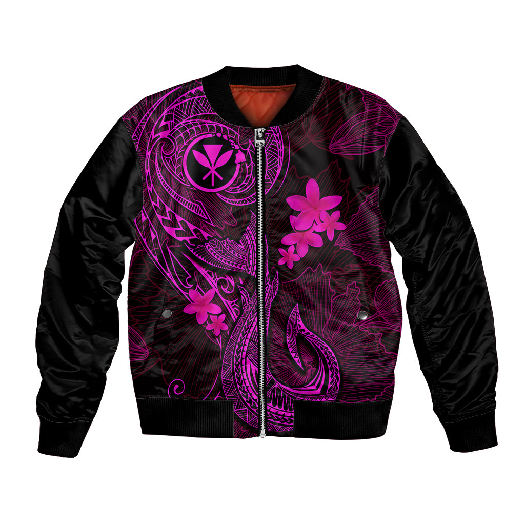 Black bomber jacket with pink tattoo graphics, full-zip front and ribbed collar/cuffs