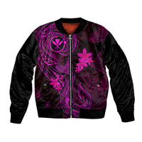 Black bomber jacket with pink tattoo graphics, full-zip front and ribbed collar/cuffs