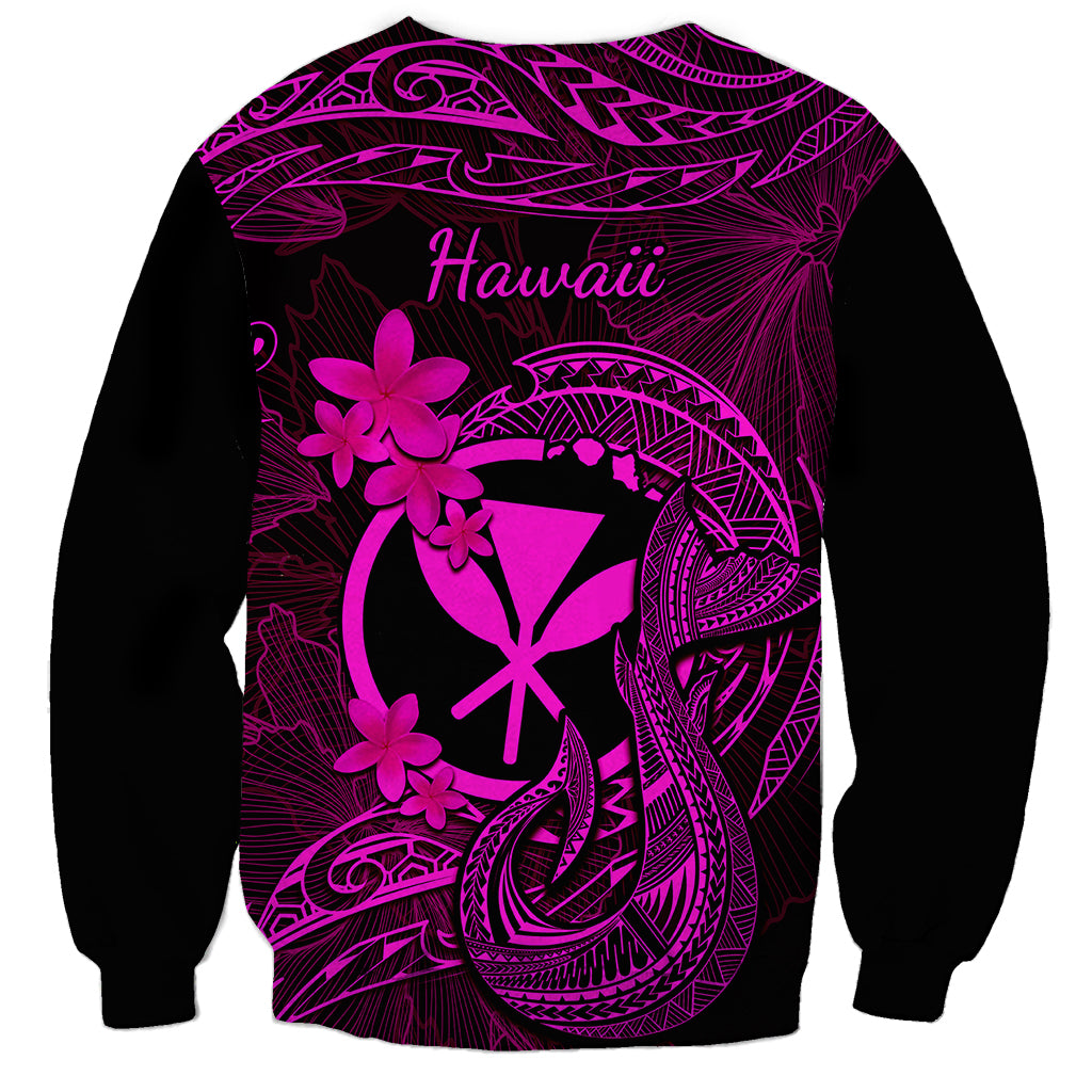 Black unisex sweatshirt with pink Hawaii text and tribal tattoo graphic on back