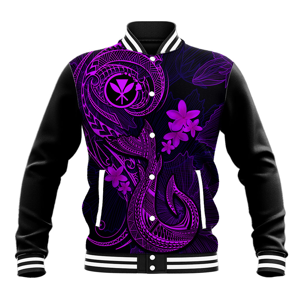 Purple-and-black varsity baseball jacket with plumeria and tattoo-style graphic front