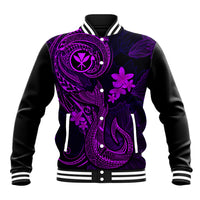 Purple-and-black varsity baseball jacket with plumeria and tattoo-style graphic front