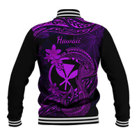 Back view varsity baseball jacket in purple-and-black with Hawaii text and plumeria graphic