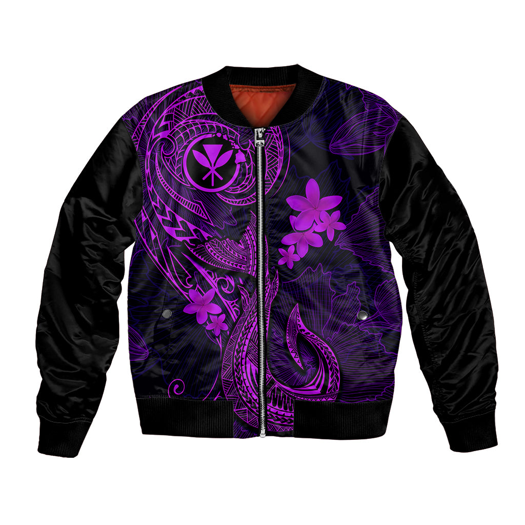 Unisex purple and black bomber jacket with front zipper and Polynesian plumeria tattoo print