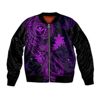 Unisex purple and black bomber jacket with front zipper and Polynesian plumeria tattoo print