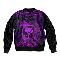 Unisex purple and black bomber jacket, back graphic with Hawaii text and plumeria flowers