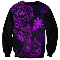 Black sweatshirt with purple Polynesian tattoo-style fish hook and plumeria floral graphic
