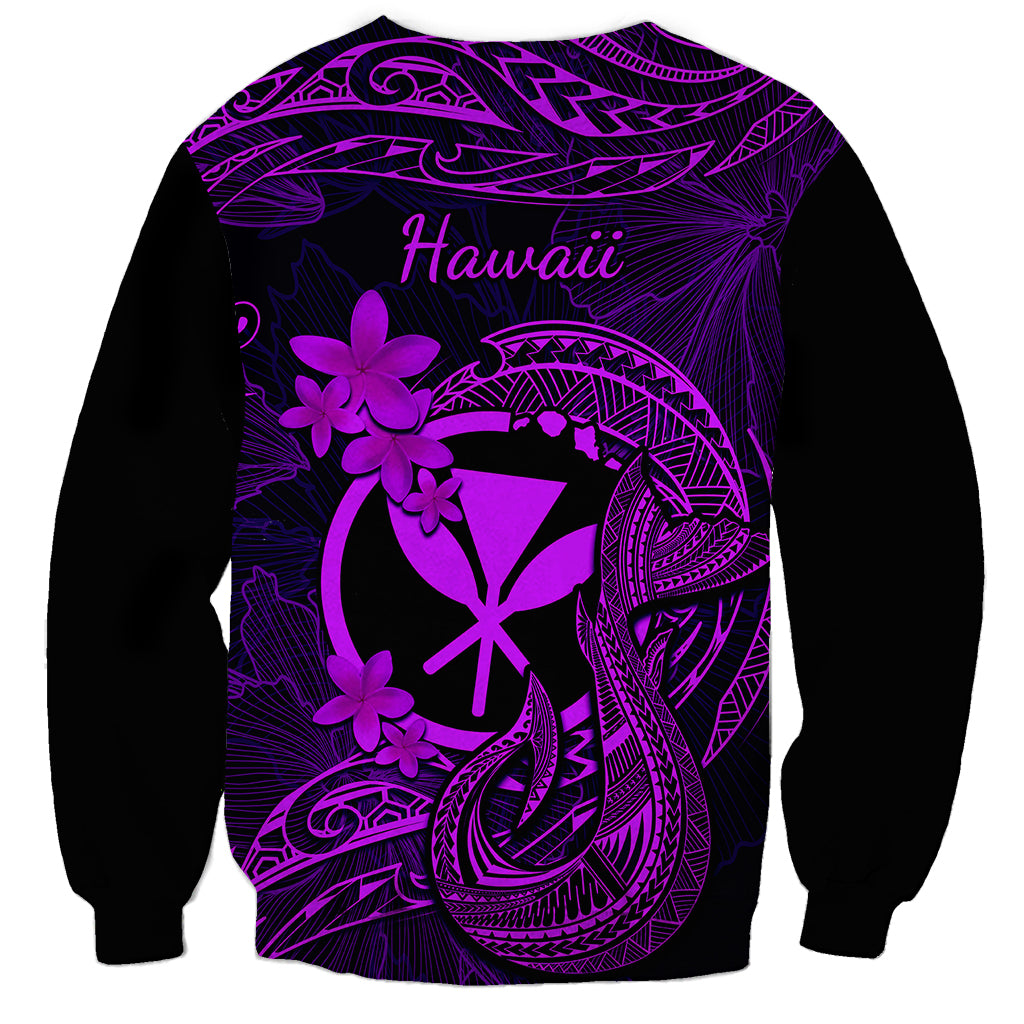 Black sweatshirt back with purple “Hawaii” text, fish hook tattoo, and plumeria flowers