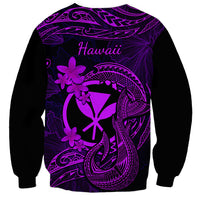 Black sweatshirt back with purple “Hawaii” text, fish hook tattoo, and plumeria flowers