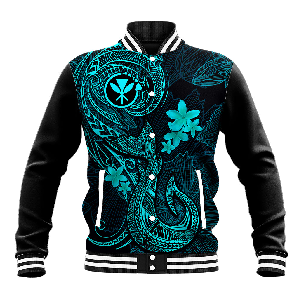 Turquoise/black Hawaiian baseball jacket with fish-hook tribal tattoo, striped collar and cuffs