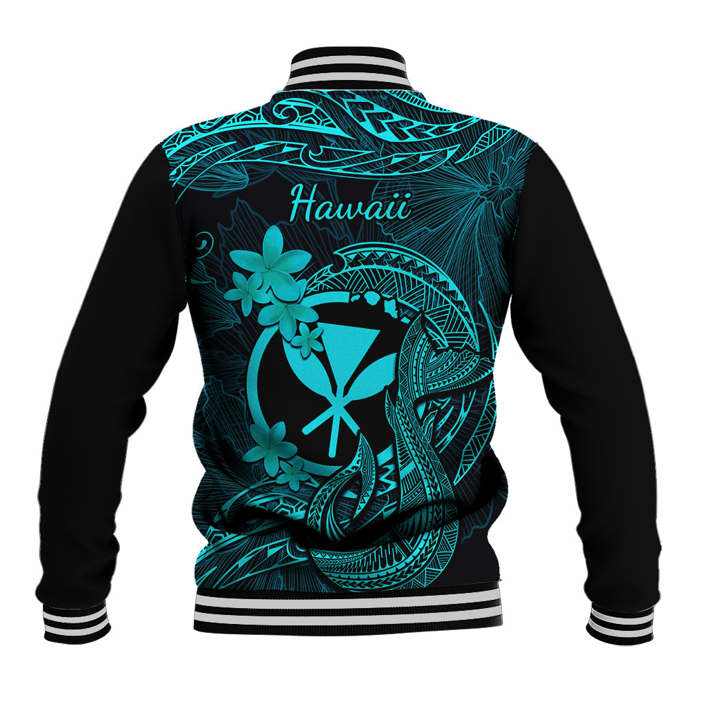 Turquoise/black Hawaiian baseball jacket, back graphic with 'Hawaii' text and striped hem