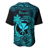 Baseball jersey with turquoise Hawaii text and plumeria flower tribal back print
