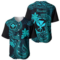 Baseball jersey showing front and back, turquoise fish hook and plumeria prints
