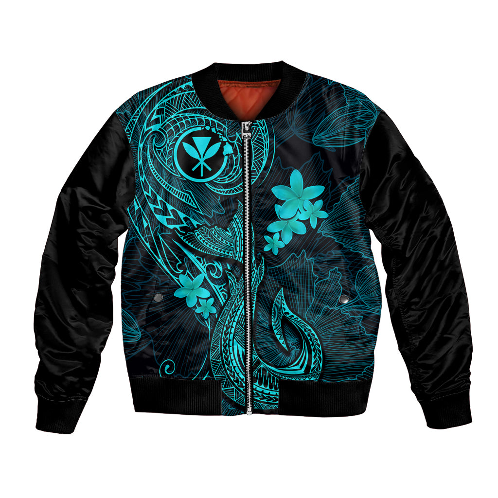 Turquoise and black bomber jacket with tribal tattoo print and flower appliques, zip front