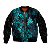 Turquoise and black bomber jacket with tribal tattoo print and flower appliques, zip front