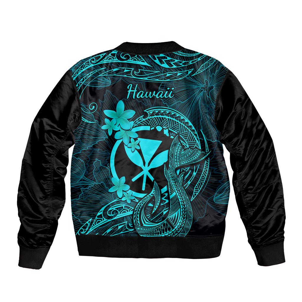 Turquoise and black bomber jacket back with 'Hawaii' script and tribal hook floral design
