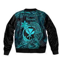 Turquoise and black bomber jacket back with 'Hawaii' script and tribal hook floral design