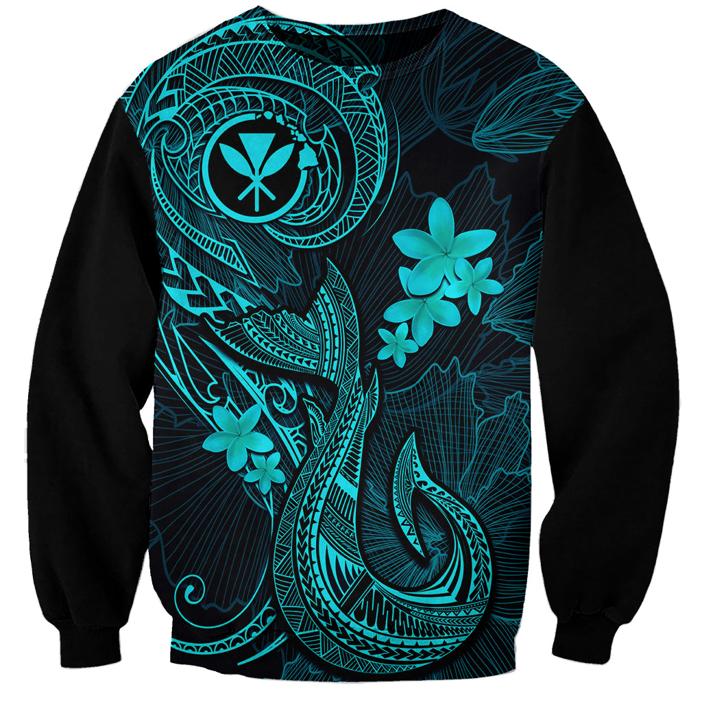 Black sweatshirt with turquoise Polynesian tattoo fishhook and plumeria floral graphic
