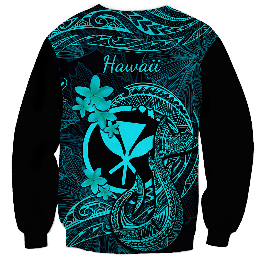Black sweatshirt with turquoise Hawaii text and fishhook plumeria tattoo back print