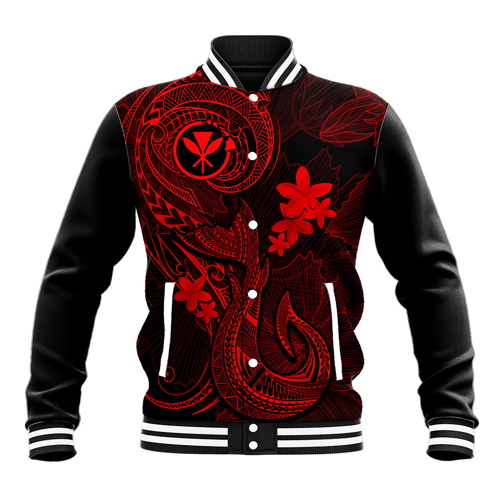 Red and black baseball jacket with button front, striped ribbed collar and sleeves