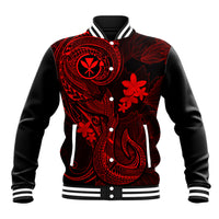 Red and black baseball jacket with button front, striped ribbed collar and sleeves