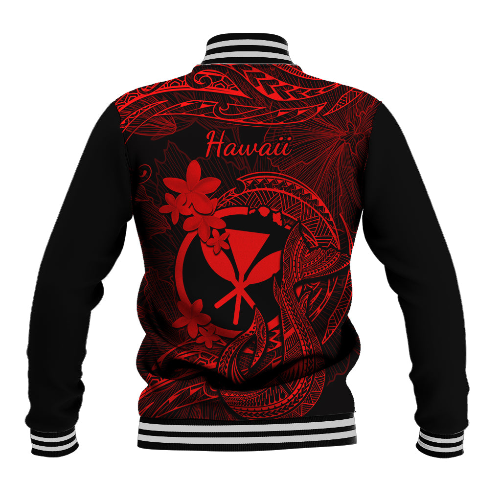 Black and red baseball jacket with 'Hawaii' graphic on back, striped ribbed collar