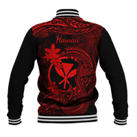 Black and red baseball jacket with 'Hawaii' graphic on back, striped ribbed collar