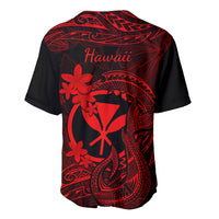 Red-and-black baseball jersey with "Hawaii" on back, tribal hook, and flower motifs