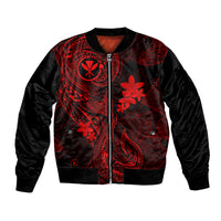 Black bomber jacket with red Polynesian tattoo and plumeria-style flower front