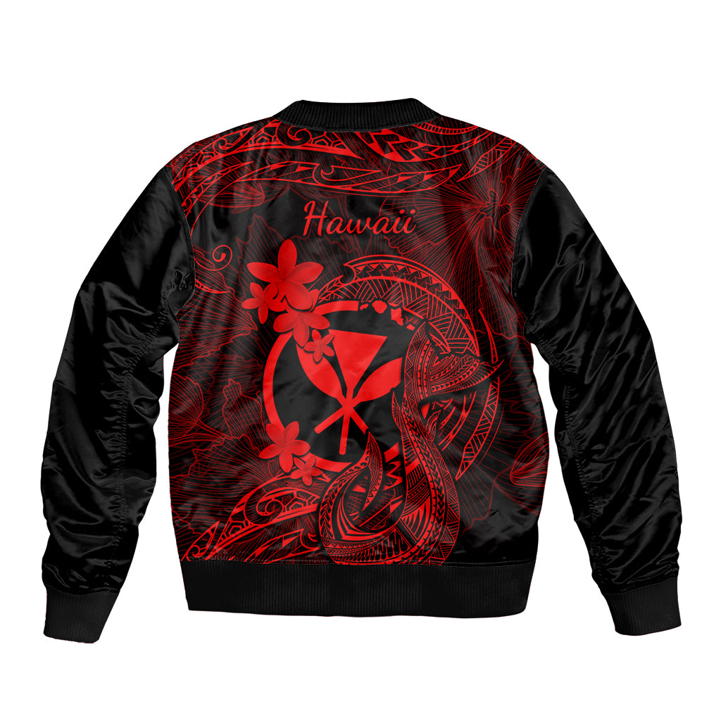 Black bomber jacket with red Polynesian tattoo design and 'Hawaii' on back