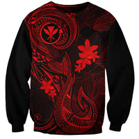Unisex black sweatshirt with red Polynesian tattoo art and plumeria flower graphics