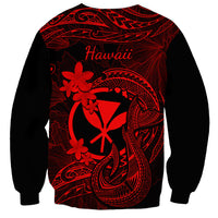 Unisex black sweatshirt with red Polynesian tattoo art and 'Hawaii' lettering