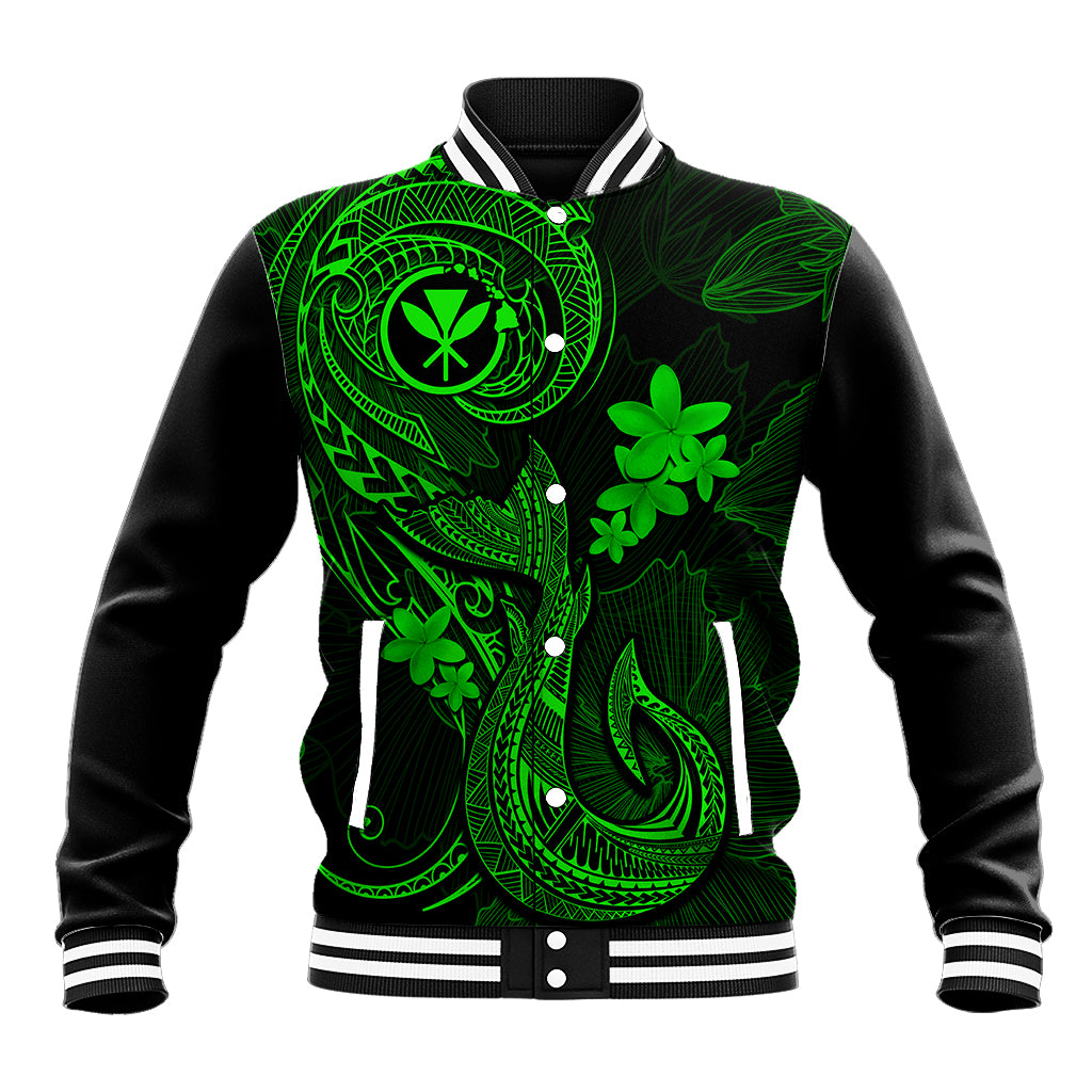 Green baseball jacket with black sleeves, button front, striped ribbed collar, tribal print