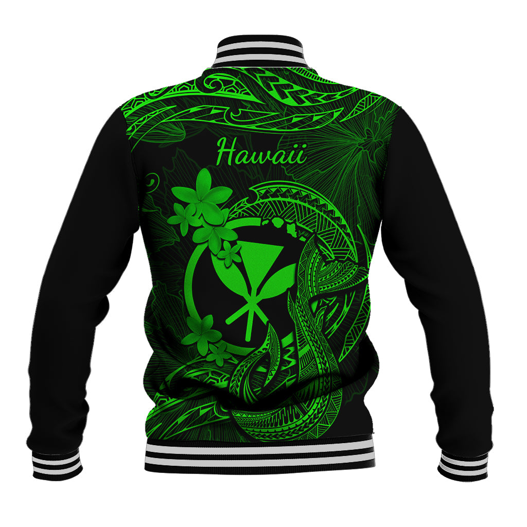Green back-print baseball jacket, striped cuffs, ribbed collar, Hawaii script, tribal tattoo
