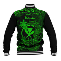 Green back-print baseball jacket, striped cuffs, ribbed collar, Hawaii script, tribal tattoo