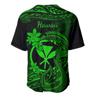 Green Hawaiian baseball jersey back with 'Hawaii' script and tattoo flower and hook design