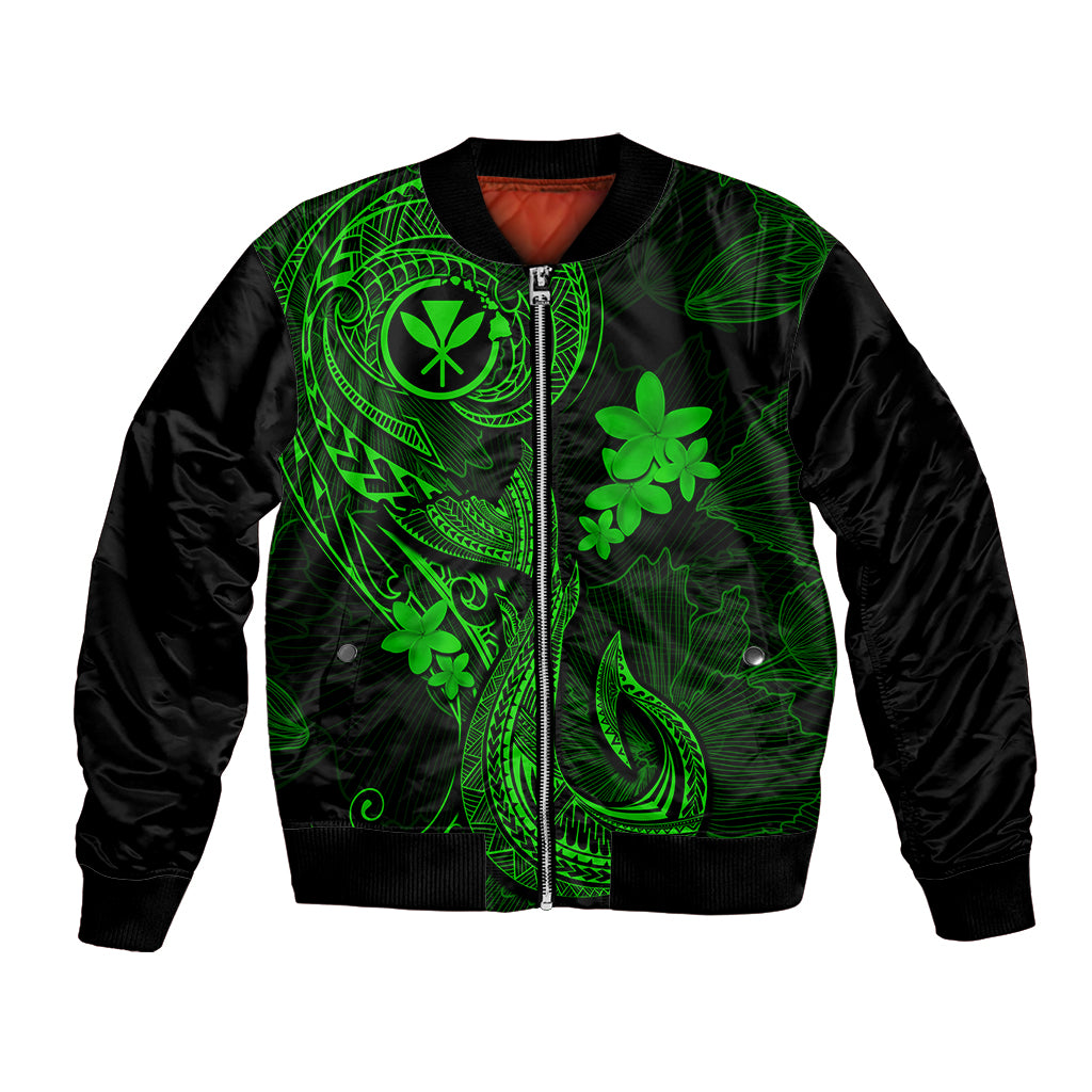 Green bomber jacket with black sleeves, front zip, neon Polynesian tattoo & plumeria art