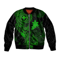 Green bomber jacket with black sleeves, front zip, neon Polynesian tattoo & plumeria art