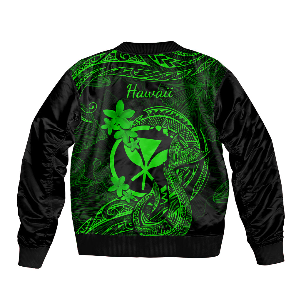 Green bomber jacket with black sleeves, back print with Hawaiian text and tattoo plumeria