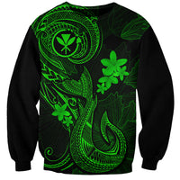 Dark green and black unisex sweatshirt with neon green Polynesian tattoo fish hook and flowers