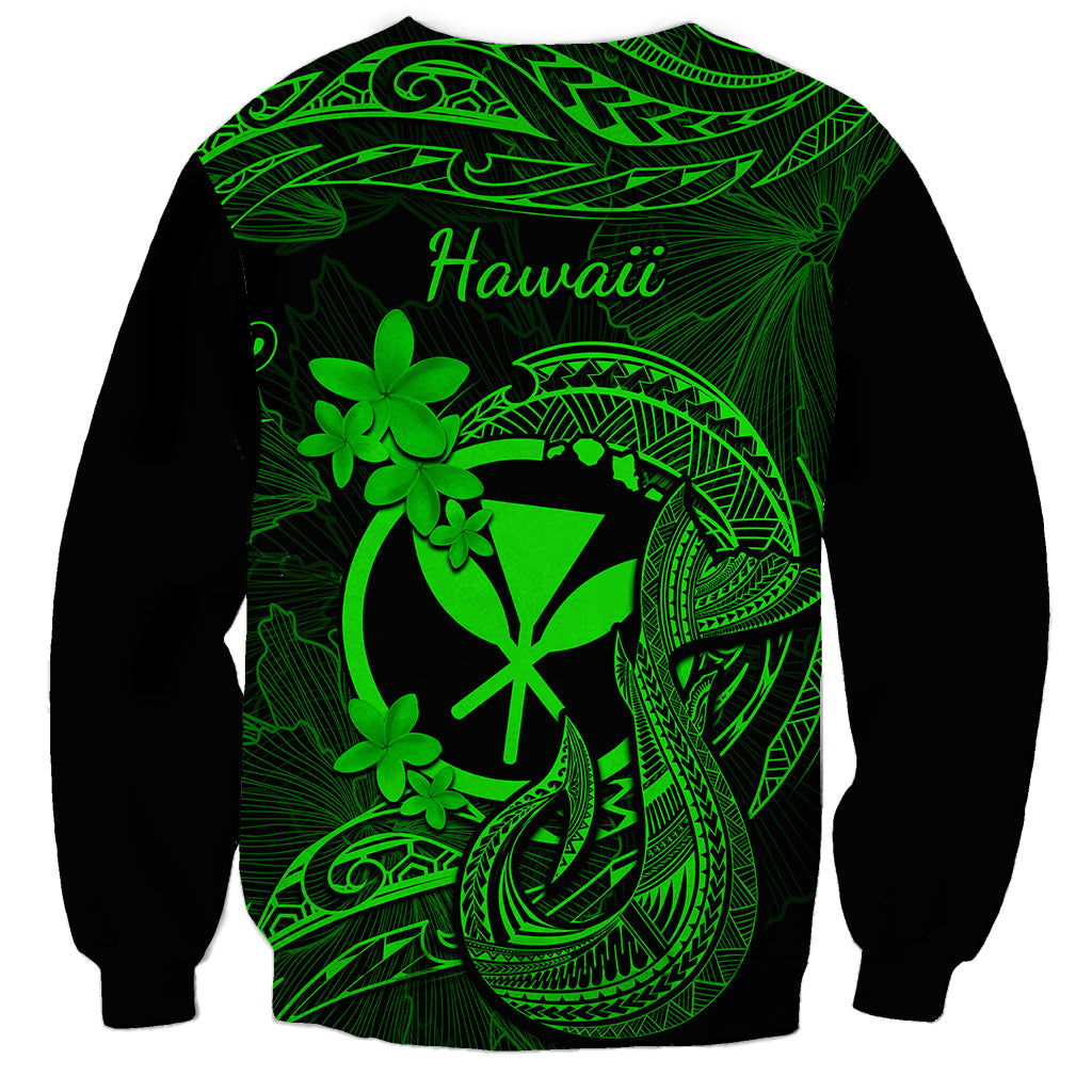 Dark unisex sweatshirt with neon green Hawaii text and Polynesian tattoo fish hook graphic